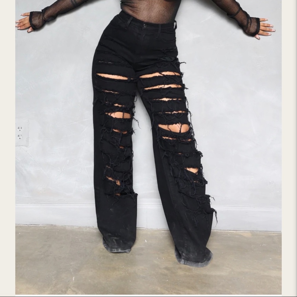 Black Distressed Wide Leg Jeans